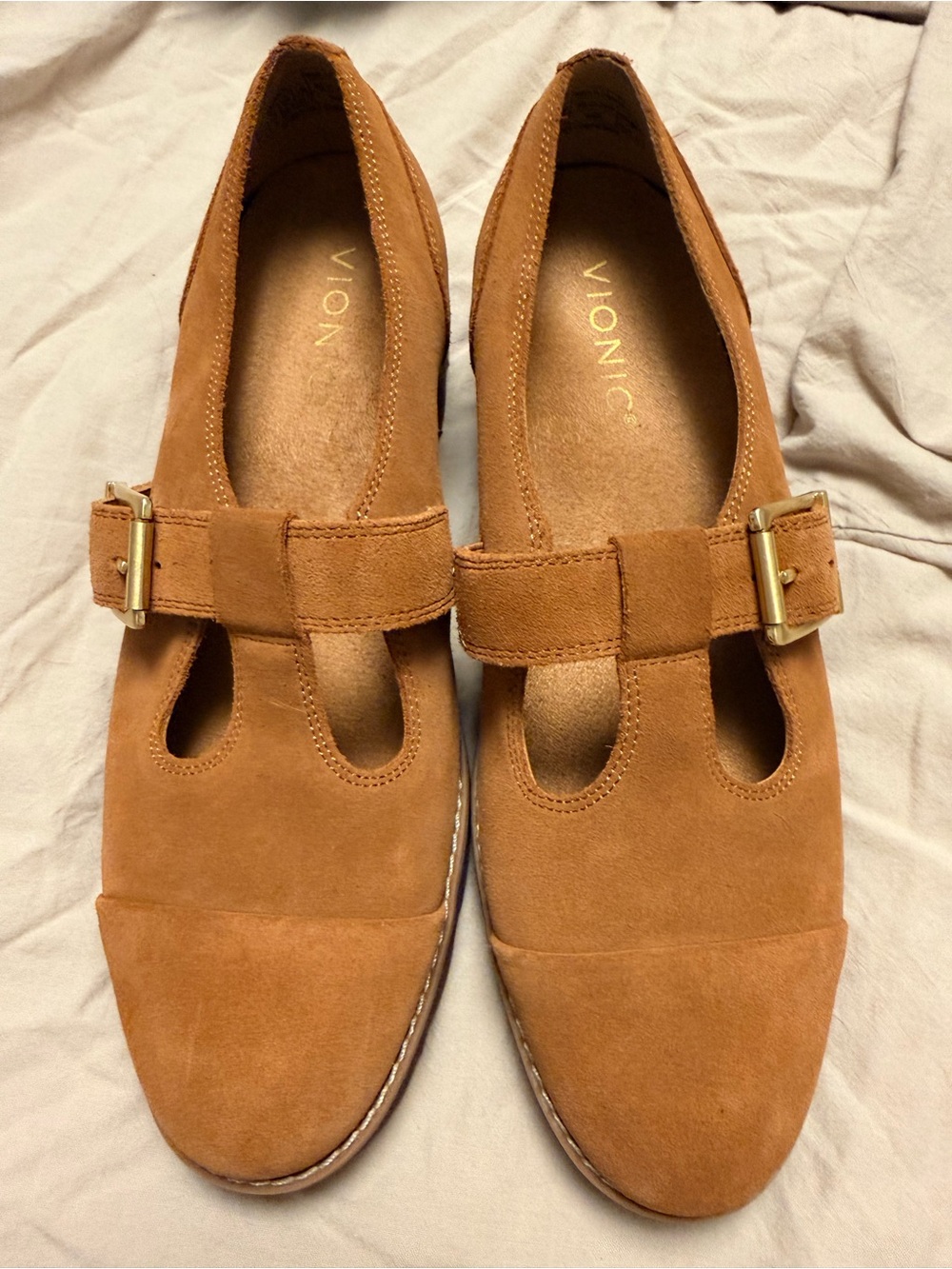Vionic Tan Suede Mary Jane Loafers with Buckle